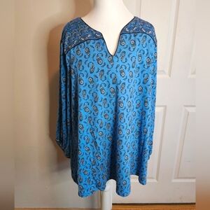 J Jill Wearever Collection Blue Floral Split Neckline Tunic Top Size XXL